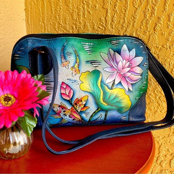 Anuschka Handbags - ANUSCHKA KARMIC KOI POCKED LEATHER BAG NAVY BLUE